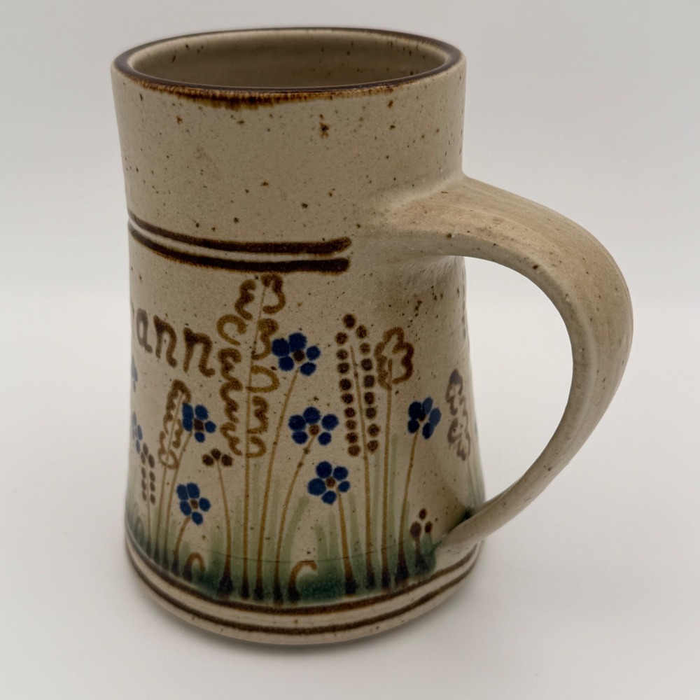 Artisan Personalized Vincent Hartmann Stoneware Mug Cat & Blue Wildflowers 5.25" - Picture 4 of 11